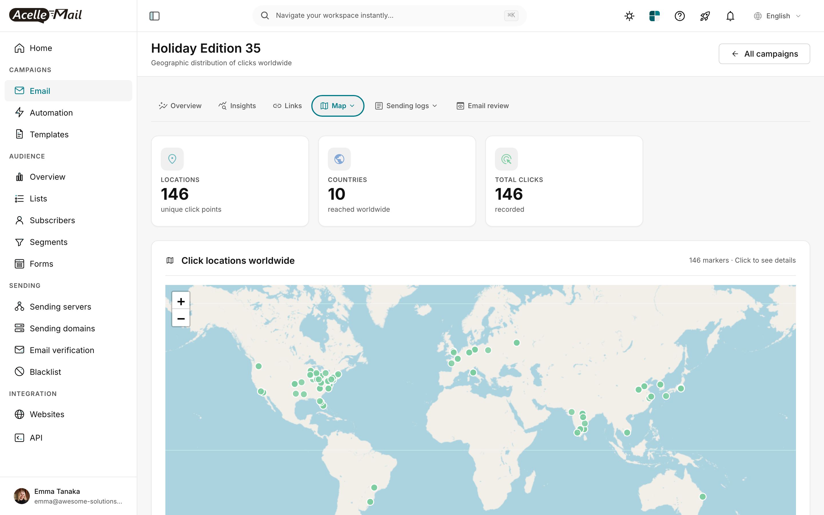Map tab for "Holiday Edition 35" subtitle "Geographic distribution of clicks worldwide". 3 stat cards: LOCATIONS 146 unique click points · COUNTRIES 10 reached worldwide · TOTAL CLICKS 146 recorded. Below: "Click locations worldwide" section with "146 markers · Click to see details" hint, then a world map with green dots clustered in North America, Europe, and Asia showing where each click originated.