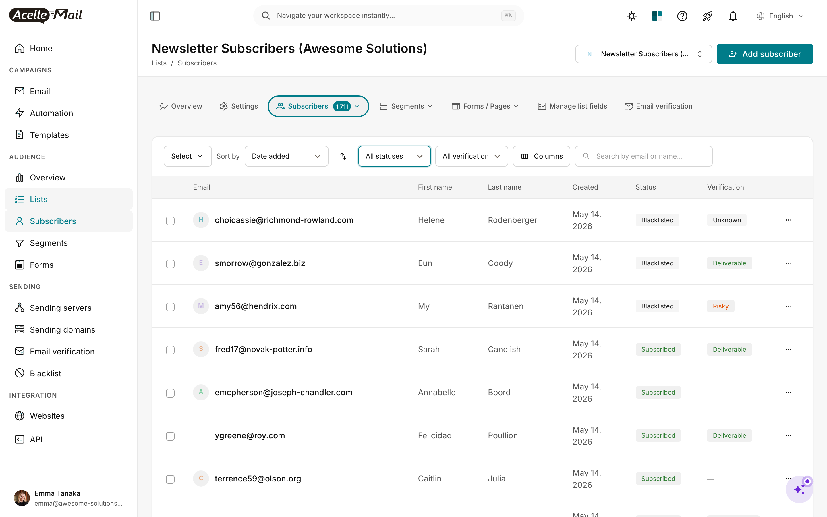 Subscribers list view with "All statuses" filter dropdown visible at the top alongside All verification, Columns, and a search box. Subscriber rows show a Status column with "Blacklisted" and "Subscribed" badges visible in seeded data.