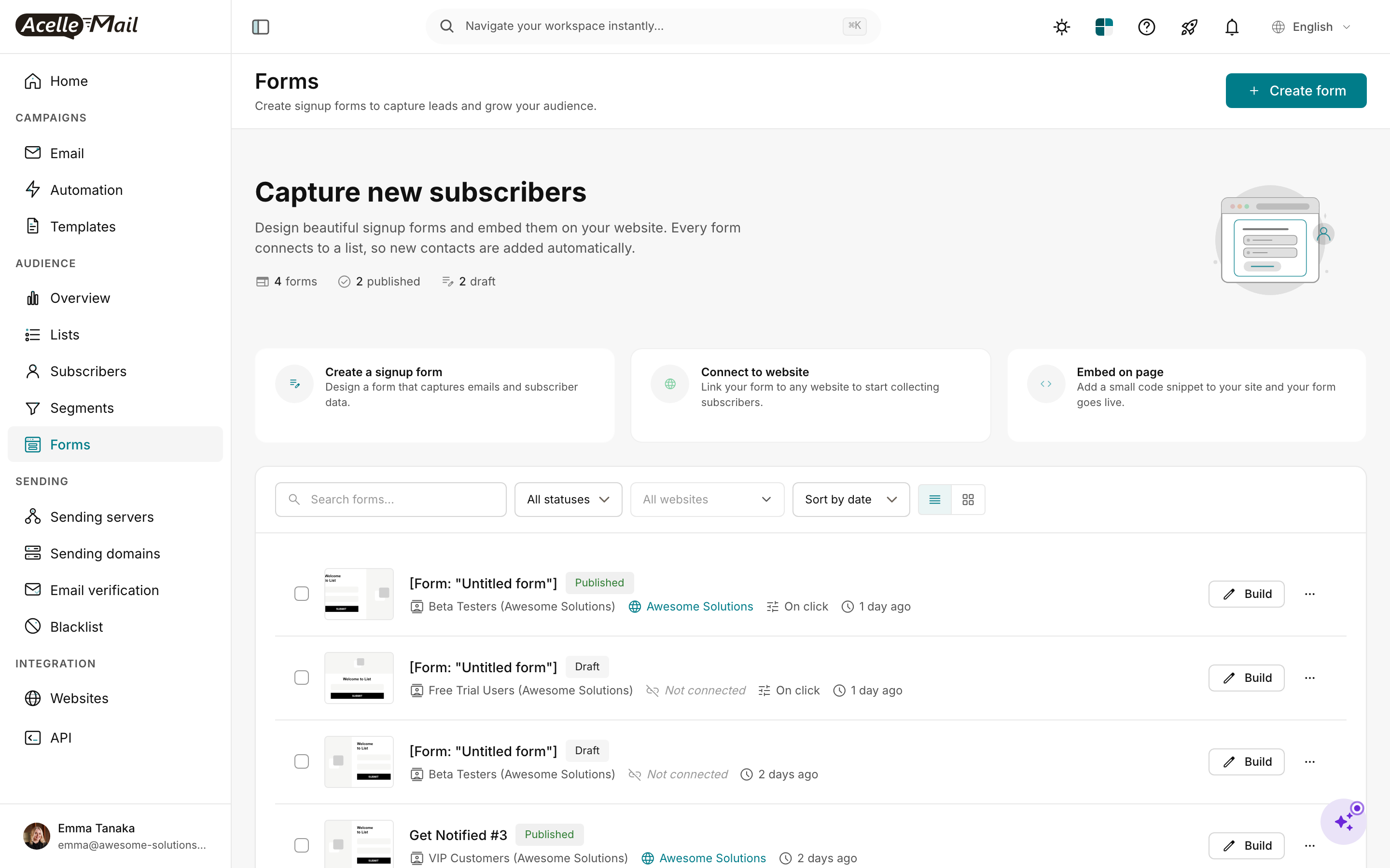Forms index page with header "Capture new subscribers", stats (4 forms · 2 published · 2 draft), 3 action cards (Create a signup form / Connect to website / Embed on page), and a forms table with 4 forms