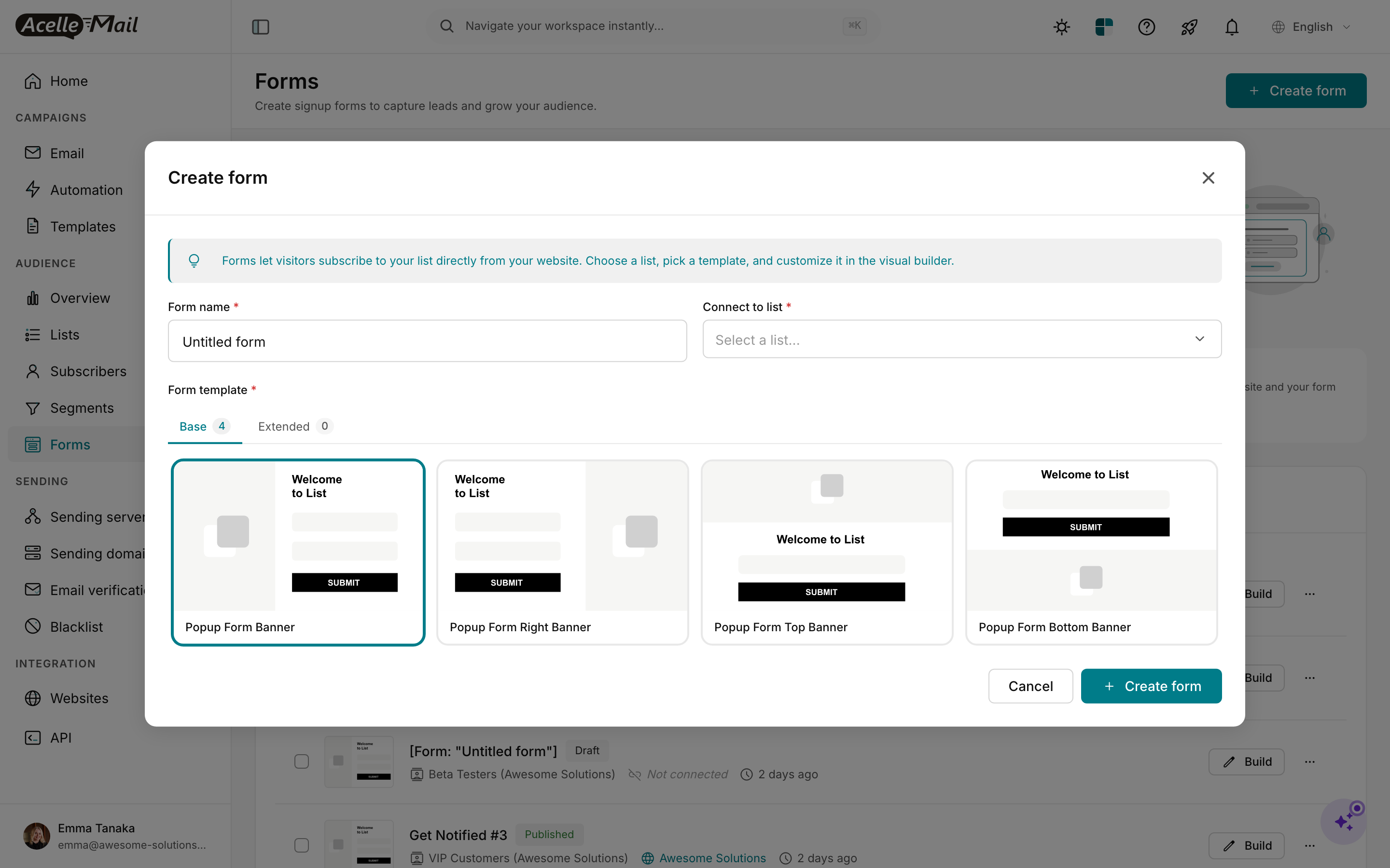 Create form modal showing Form name input "Untitled form", Connect to list dropdown (placeholder "Select a list..."), Form template tabs Base (4) / Extended (0), and 4 popup template thumbnails — Popup Form Banner, Popup Form Right Banner, Popup Form Top Banner, Popup Form Bottom Banner. Popup Form Banner is selected with a teal border. Footer has Cancel + "+ Create form" buttons.