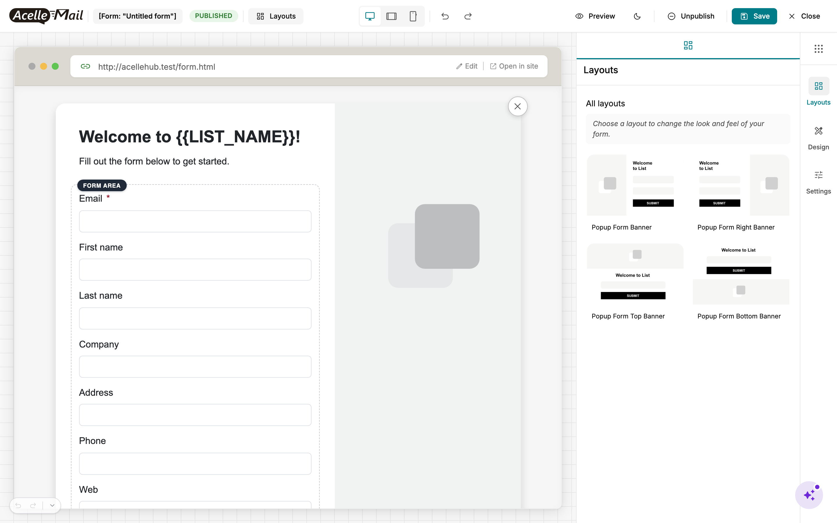 Form builder showing the Layouts panel on the right with the 4 popup template thumbnails (Popup Form Banner, Popup Form Right Banner, Popup Form Top Banner, Popup Form Bottom Banner) under the heading "All layouts" and the instruction "Choose a layout to change the look and feel of your form."