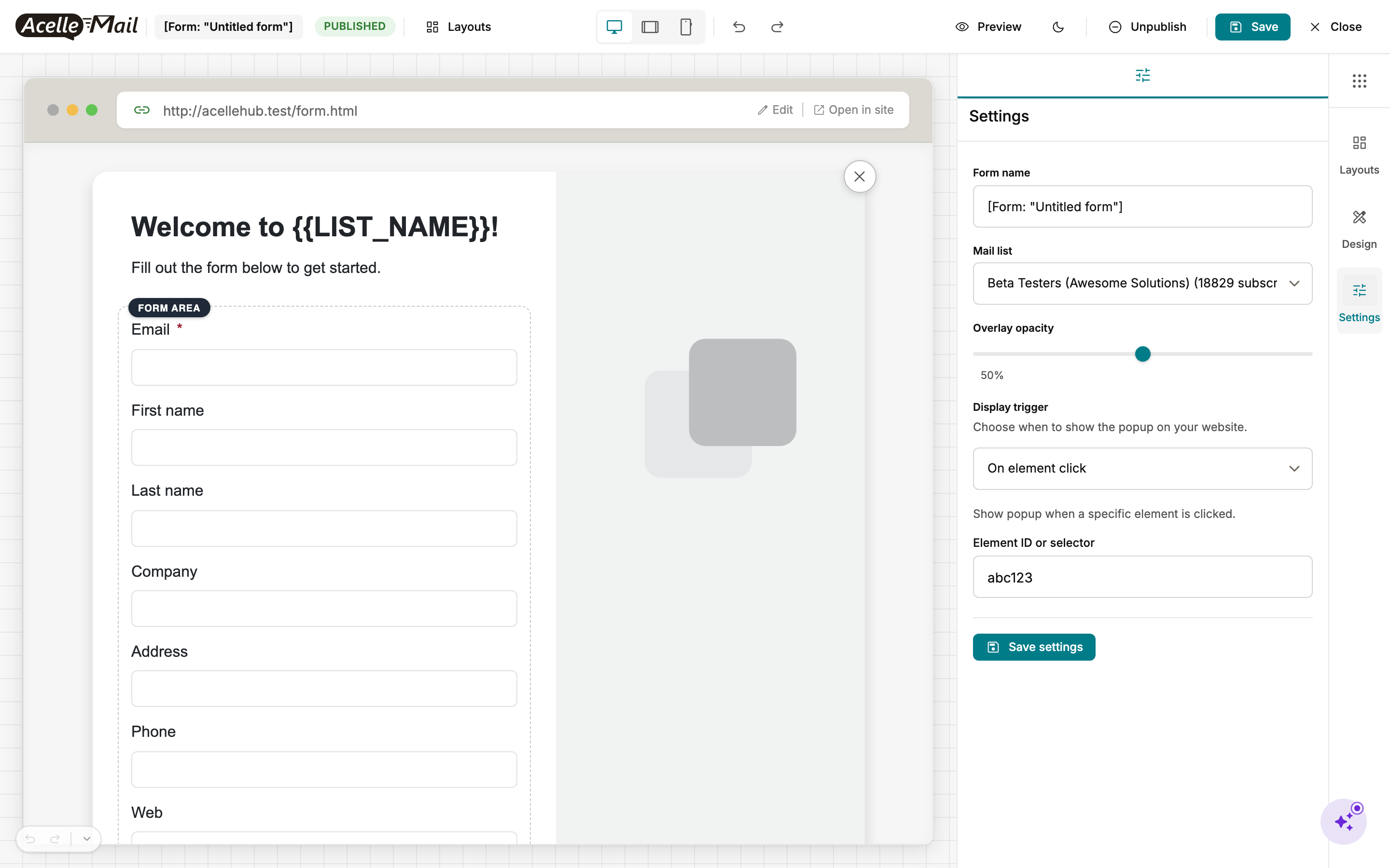 Form builder Settings panel showing: Form name, Mail list dropdown (Beta Testers — 18829 subscribers), Overlay opacity slider at 50%, Display trigger dropdown showing "On element click" with help text "Show popup when a specific element is clicked.", Element ID or selector input "abc123", and a Save settings button