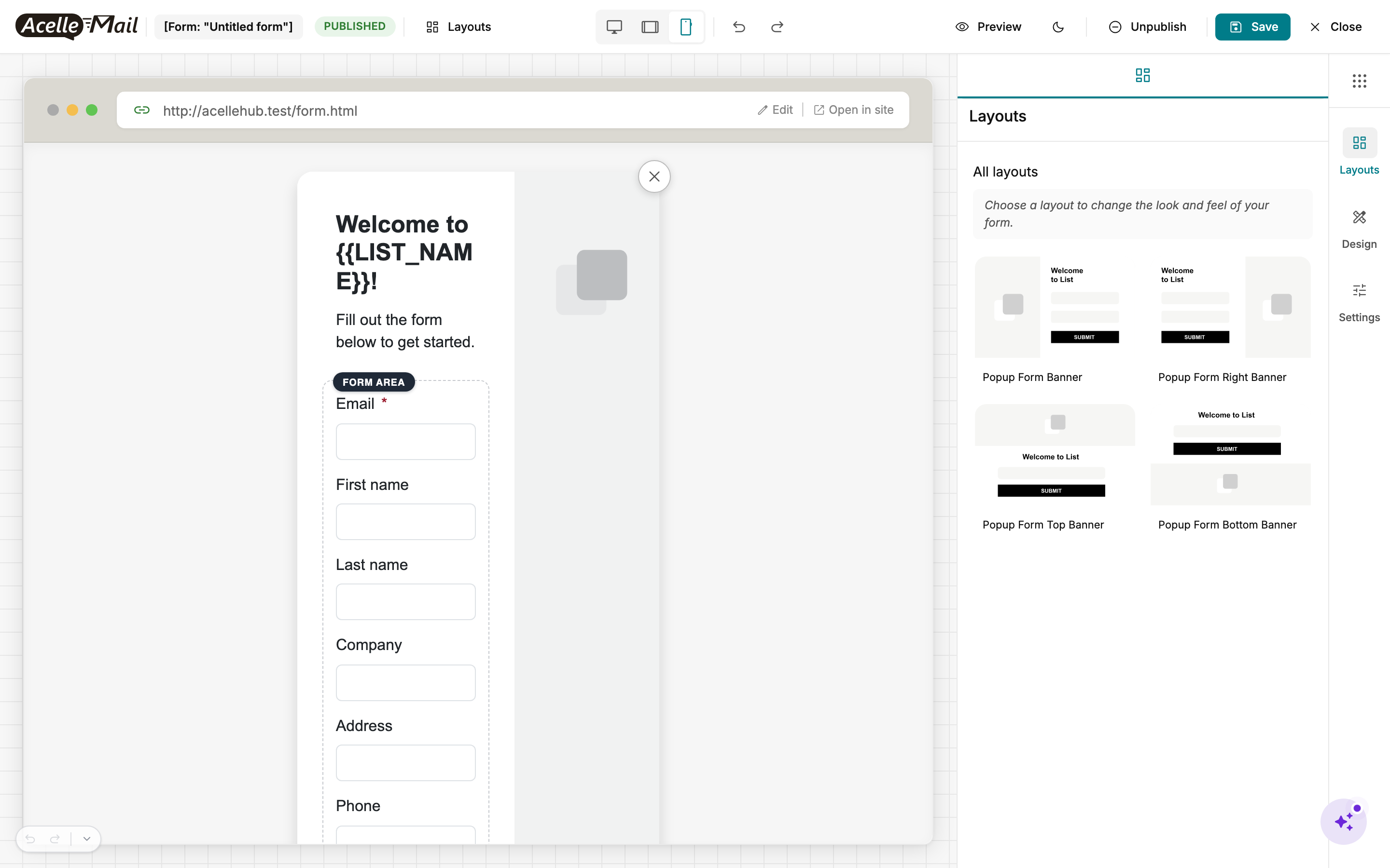 Builder with the mobile preview active — same form rendered in a narrow phone-width canvas, fields stacked vertically