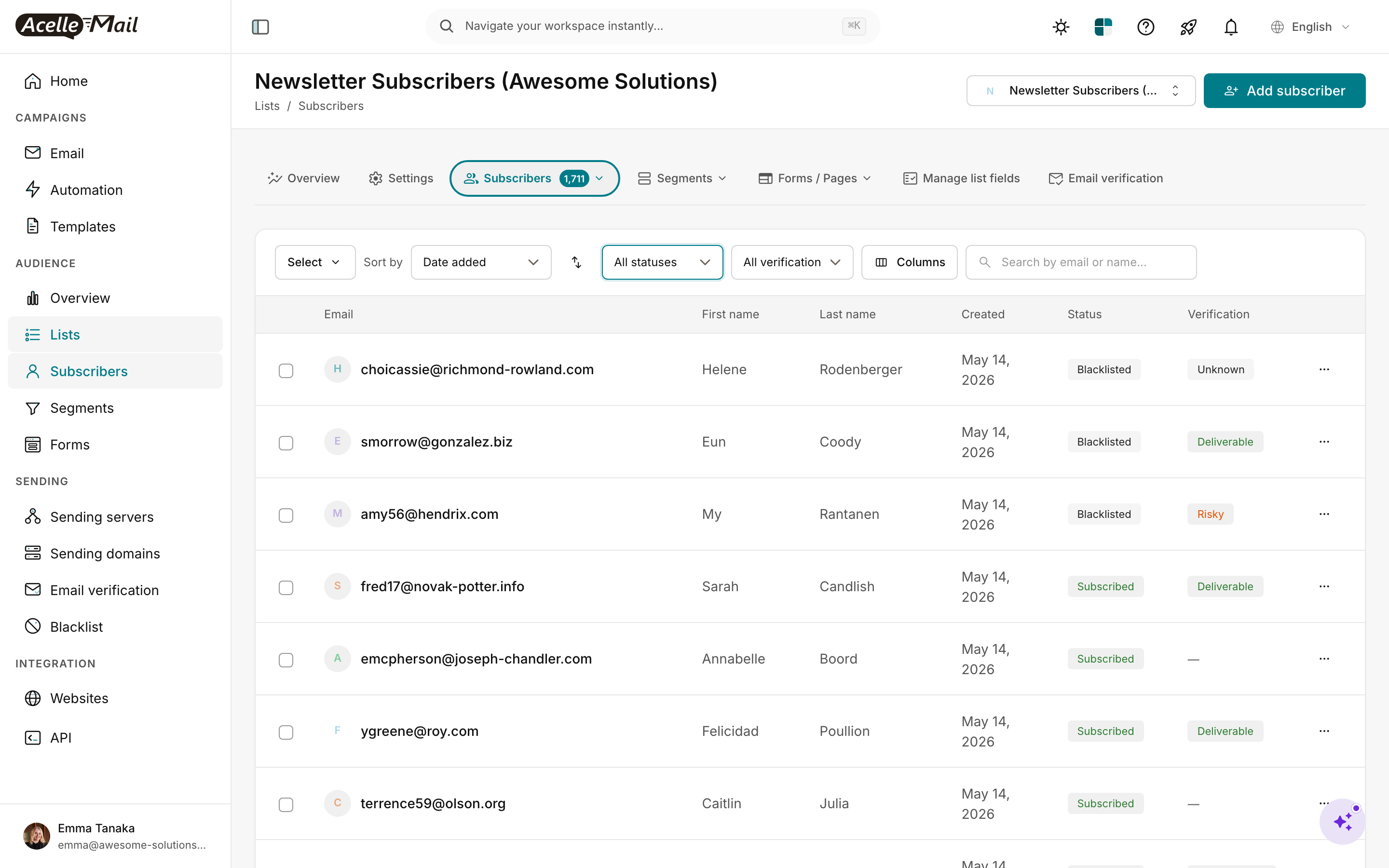 Subscribers list with two filter dropdowns visible at top — "All statuses" and "All verification" — alongside Columns and a search box. Subscriber rows show two badge columns: Status (Blacklisted / Subscribed) and Verification (Unknown / Deliverable / Risky / —)